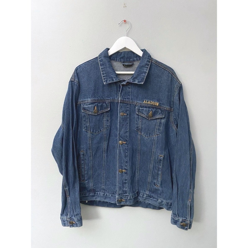 Vintage Aladdin Casino Denim Jean Jacket Large Las Vegas Trucker Embroidered - Picture 2 of 7